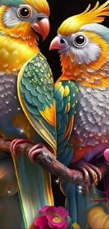 Two colorful parrots on a branch illustration.