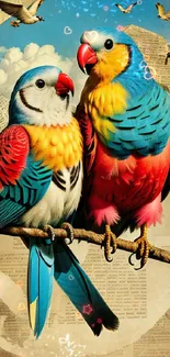 Two colorful parrots on branch against abstract background.