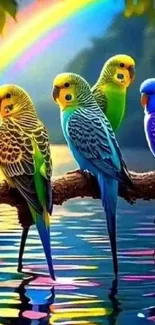 Vibrant parrots on branch with rainbow