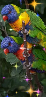 Two colorful parrots perched among lush green leaves.