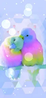 Two pastel-colored parrots with dreamy hexagon background.