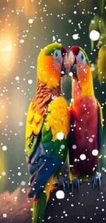 Two colorful parrots sitting together in a snowy backdrop.