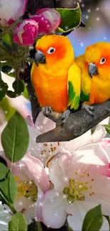 Two vibrant parrots on a branch amidst spring flowers.