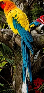 Colorful parrots perched on branches in a lush, tropical setting.