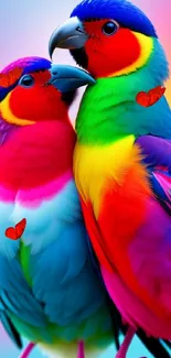 Two colorful parrots with vibrant feathers on a rainbow background.