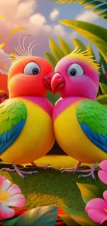 Colorful animated parrots in tropical setting.