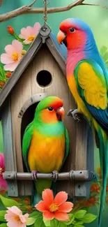 Two colorful parrots on a birdhouse among flowers.