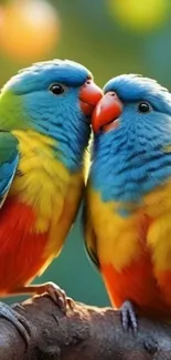 Two colorful parrots perched closely on a branch.
