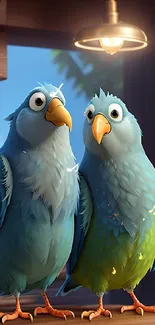 Two colorful parrots perched with a wooden background in warm light.