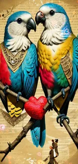 Romantic colorful parrots on vintage background.