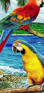 Vibrant wallpaper of two colorful parrots by a tropical ocean backdrop.