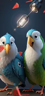 Two colorful parrots with a vintage bulb glowing above them.