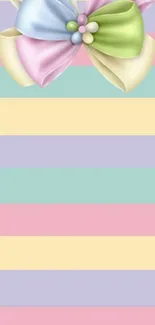 Colorful pastel striped wallpaper with a cheerful bow design.