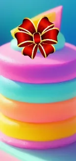 Colorful pastel-layered cake with decorative flower on top.