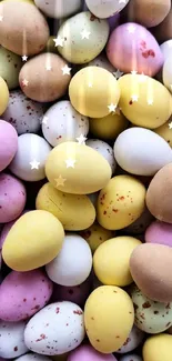 Pastel-colored Easter eggs with star reflections in a vibrant pattern.