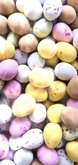 Pastel-colored Easter eggs arranged in a vibrant and cheerful pattern.