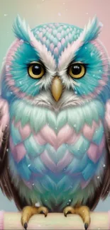 Colorful pastel owl with feathers and snowy backdrop for wallpaper design.