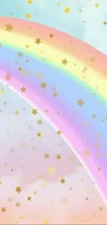 Pastel rainbow with golden stars on a blue background.