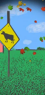 Vibrant cow sign wallpaper with autumn leaves and fields.