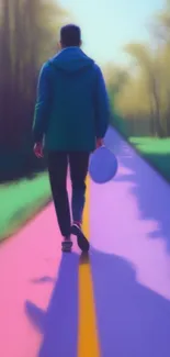 Man walking on colorful path in serene forest.