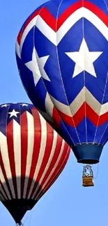 Colorful hot air balloons with patriotic designs in a clear blue sky.