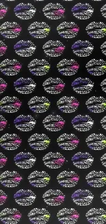 Colorful neon lips pattern on black background wallpaper.