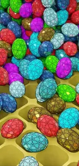 Colorful patterned eggs arranged artistically.