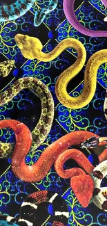 Vibrant snakes in a colorful, patterned wallpaper design.