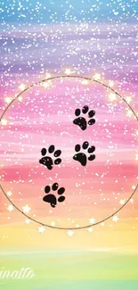 Colorful wallpaper with paw prints and stars in a rainbow gradient.