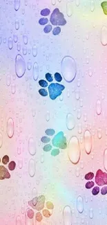 Mobile wallpaper of rainbow paw prints with raindrop effects.