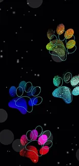 Colorful paw prints on black mobile wallpaper, vibrant and stylish.