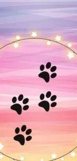 Pastel gradient wallpaper with paw prints and star lights.