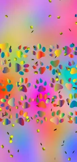 Colorful vibrant mobile wallpaper with paw prints and confetti.