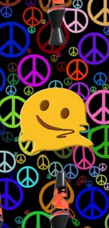Colorful peace signs and lava lamps wallpaper with smiley emoji in the center.