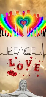 Colorful rainbow heart peace and love wallpaper with golden sky background.