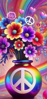 Colorful flowers in a peace symbol vase with rainbow hues.