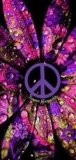 Vibrant abstract peace flower wallpaper design on a black background.