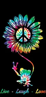 Colorful flower with peace symbol and butterfly on black background.