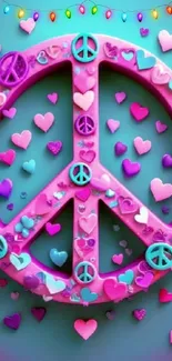 Colorful peace sign wallpaper with vibrant hearts and playful decorations.