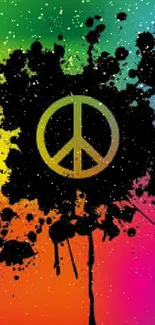 Vibrant peace sign with rainbow splatter mobile wallpaper.