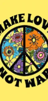 Colorful floral peace sign with 'Make Love Not War' message on yellow background.