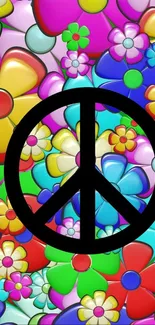 Colorful mobile wallpaper with a black peace sign over floral background.