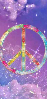 Colorful peace sign on a purple starry background.