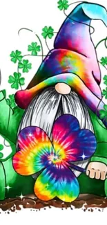 Vibrant gnome with rainbow hat holding a peace sign and colorful clove.