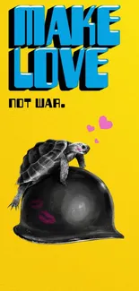 Colorful turtle art with 'Make Love Not War' message on yellow background.