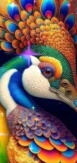 Colorful peacock artwork with detailed feathers.