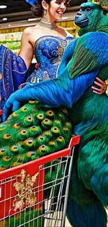 A vibrant fantasy peacock art piece with rich blue and green hues in a shopping cart.