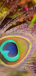 Closeup of a colorful peacock feather with vibrant blue and green hues.