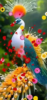 Colorful peacock with floral accents on a vibrant background.