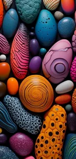 Vibrant artistic wallpaper with colorful pebbles and dynamic patterns.